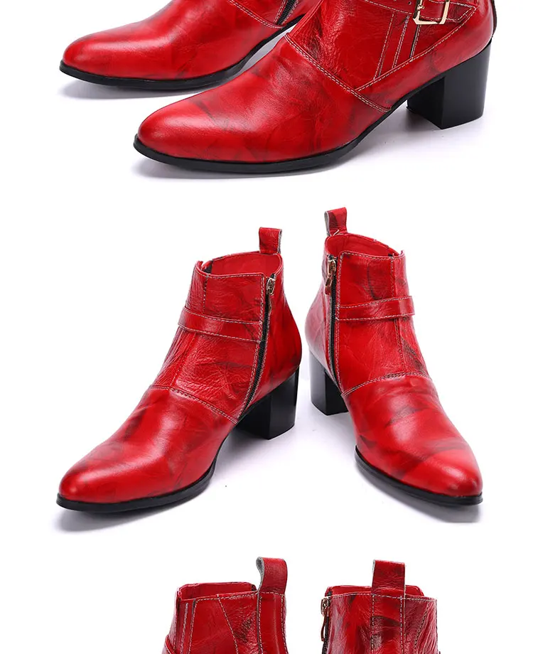 Herbst und Winter spitze High Heels Herren stiefel binden eine Kette Niet Gürtels chnalle dicken Absatz echtes Leder dicke Stöckels tiefel – Detail 9