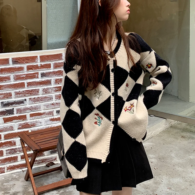 Sweater Cardigan Women Argyle Design Students Sweet Soft Retro Embroidery Fashion Loose Korean Style Autumn Christmas Casual Ins