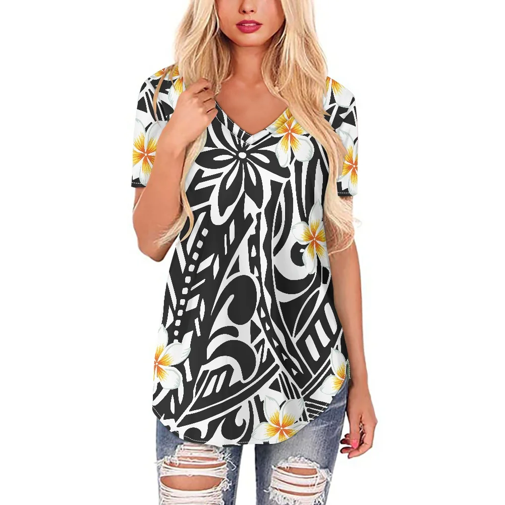 

Hycool Summer Polynesian Tribal Hawaii Flower 2022 New Women Clothing For Women Short Sleeve Blouse V-neck Casual Shirt Dropship