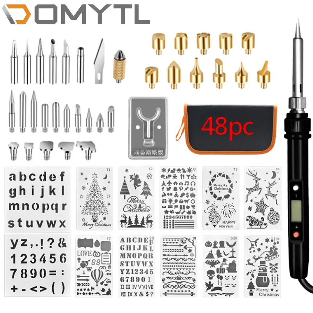 60W Soldering Iron Electric Adjustable Temperature Repair Welding Kit 48Pcs Wood cautery Pyrograph pen Tools Set Packaging