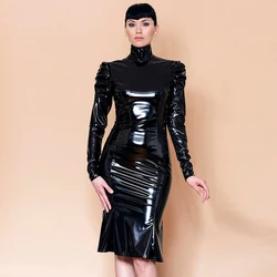 Women Black Shiny Faux Leather Plus Size Mid Dresses Fashion Ladies Long Glossy PU Dress New Casual Hot Party Clubwear Custom