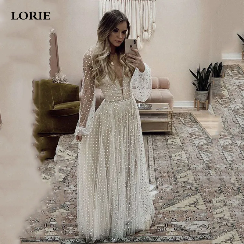 LORIE-vestidos de novia de manga abombada con cuello de pico, Túnica de tul suave, vestido de boda bohemio sin espalda, talla grande