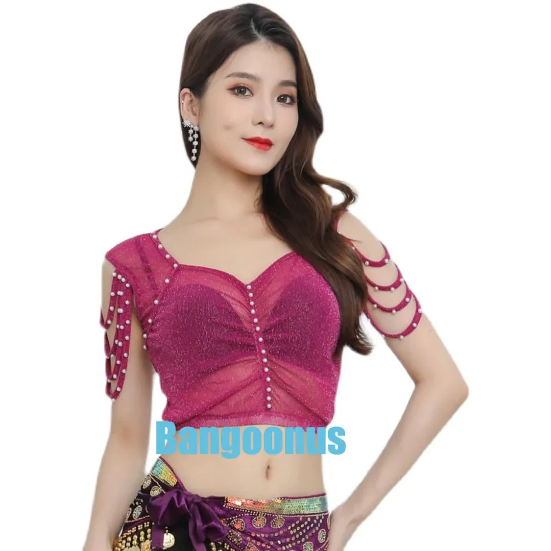 Belly dance sleeveless top sexy new exercise clothes high elastic mesh and beaded oriental dance clothes female exercise clothes