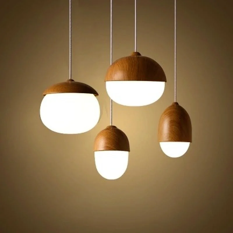 Nuts Acorn Small Mushrooms hanging lamp glass Milky Ball Glass Wood grain Iron modern pendant lamp led Pine cone pendant light