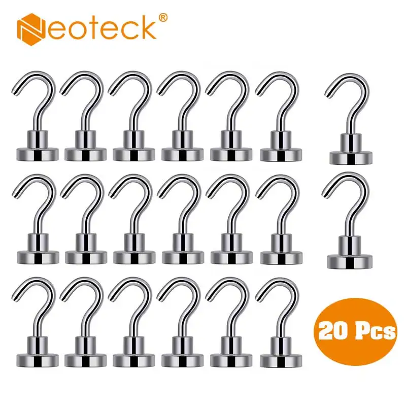 Neoteck 20Pcs N38 Magnetic Hooks Neodymium Hold Magnet Hanger Rare Earth Hooks Wall Suction Hook Bracket Support Hardware Magnet