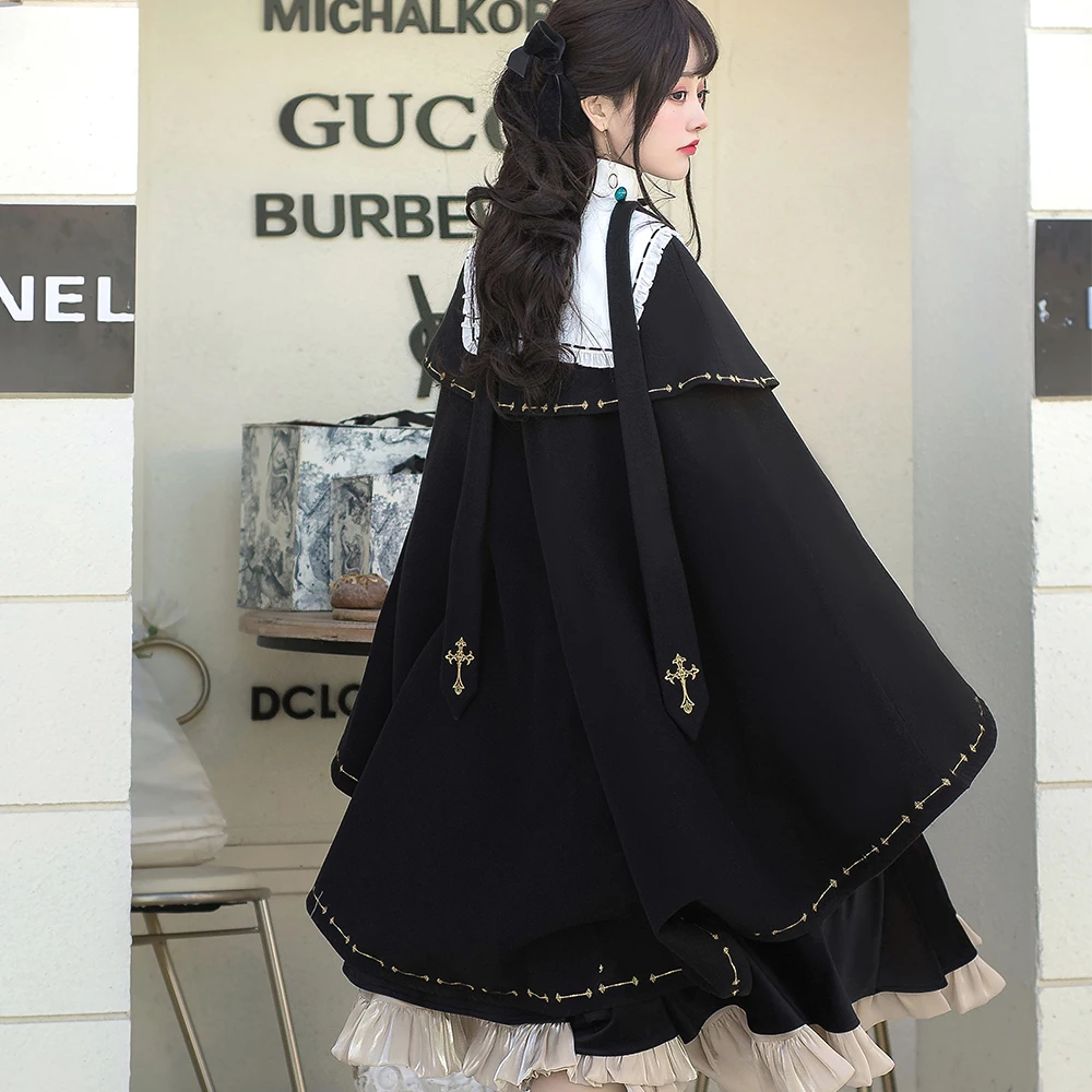 Melonshow Gothic Lolita Cape Women Cloak Black Victorian Dress Outerwear Ladies Winter Cape Coat Girls