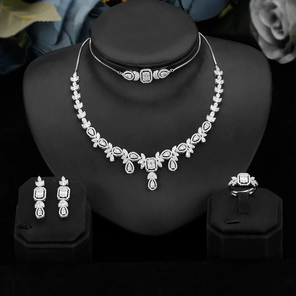 BrideTalk Dubai 4pcs Bridal Zirconia Jewelry Sets For Women Party, Luxury Dubai Nigeria CZ Crystal Wedding Party Jewelry Sets