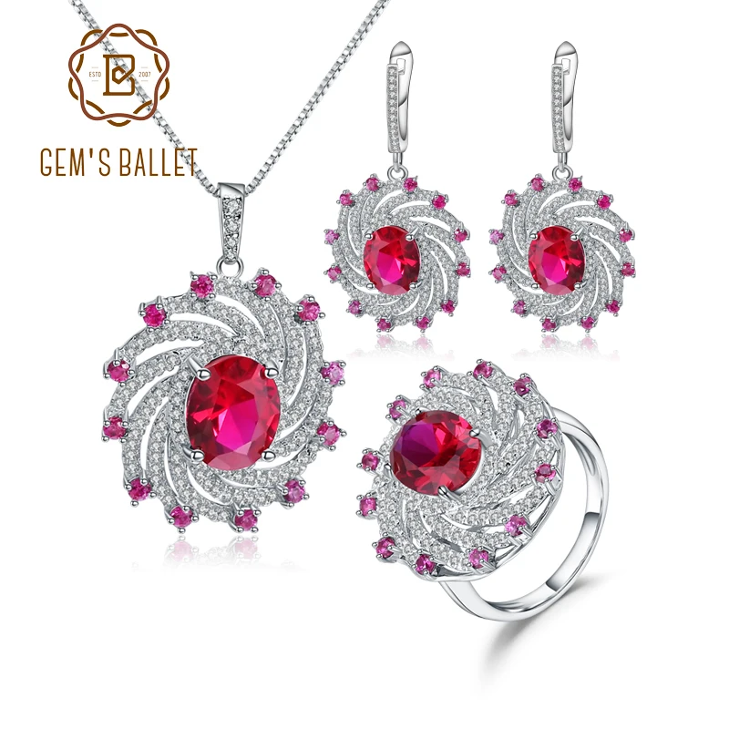 

GEM'S BALLET Luxury Lab Created Ruby Vintage Jewelry Set 925 Sterling Silver Ring Earrings Pendant Sets For Women Fine Jewelry