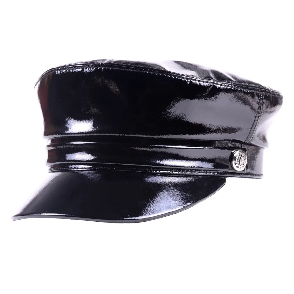 2024 Spring Unisex Real Patent Leather Black Berets Caps Men Women Belt Buckle Students Flat Navy Hats Korean Fashion Casquette