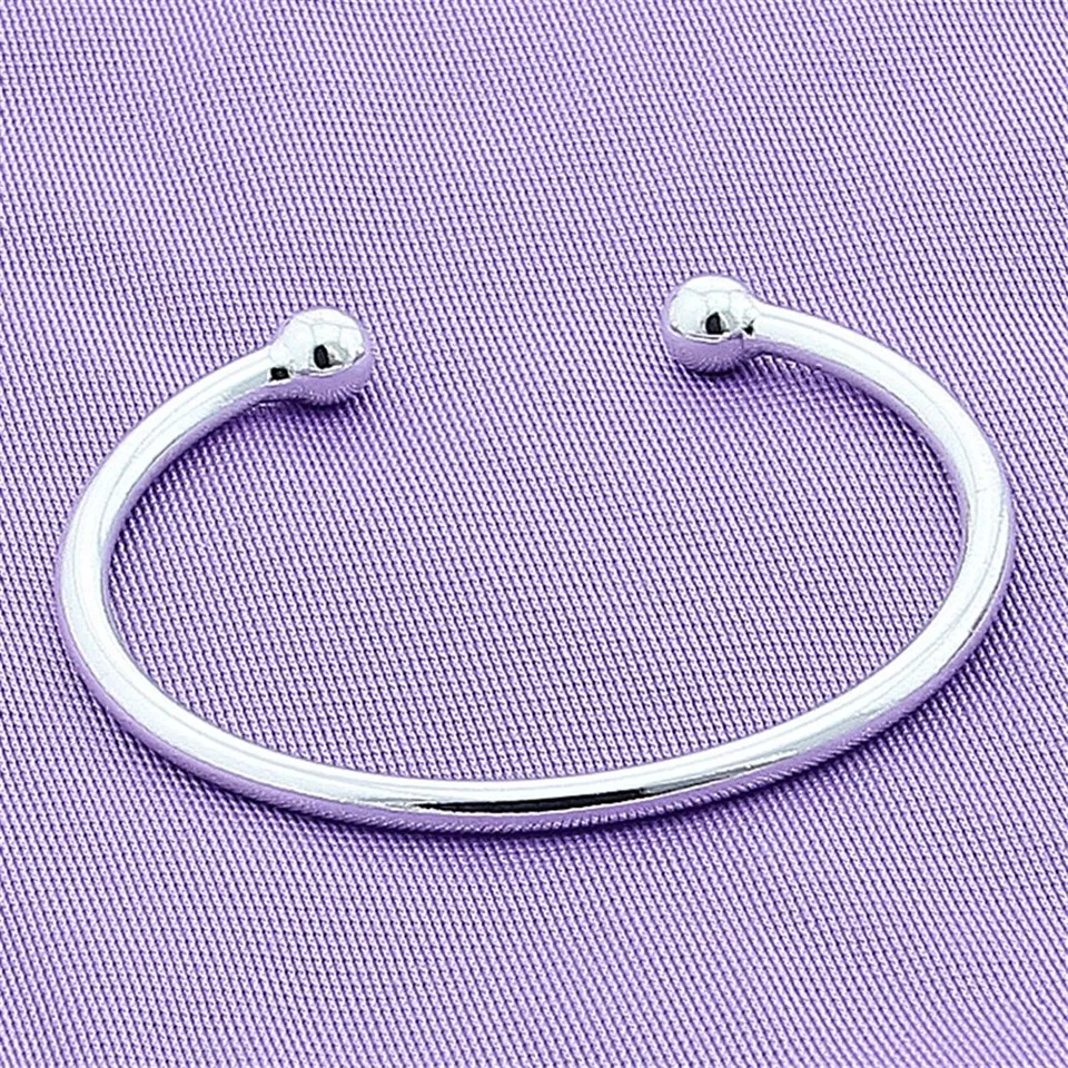 925 Silver Color Smooth Solid Bead Bracelet Bangles For Women Men Wedding Engagement Party Jewelry Gift