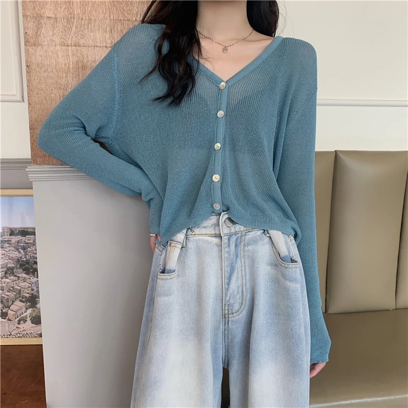 Summer Cardigan Long Sleeve Knitted Sweater Women Korean Short  Sunscreen Cropped Cardigan Loose V-neck Solid Color Thin Tops