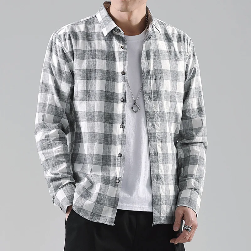 2021 Men\'s Fashion Checkered Cotton Shirt Long Sleeve Soft Comfort Male Casual Plaid Shirts Dress Slim Fit