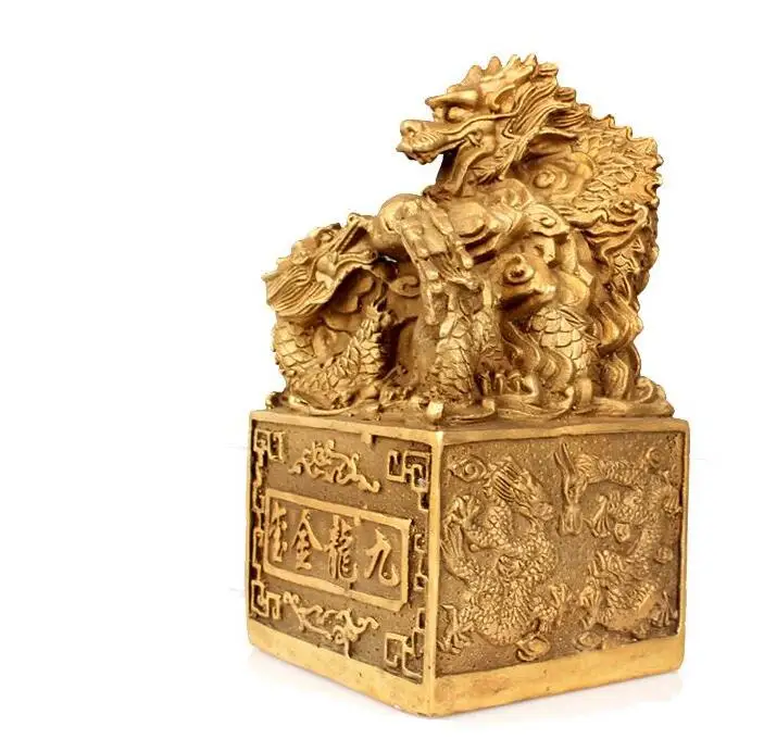 التنين النحاس النقي جيد محظوظ الختم Xianglong الرسمي تهنئة Jiulong ختم الرسمي فنغ شوي الحلي ختم رأس التنين