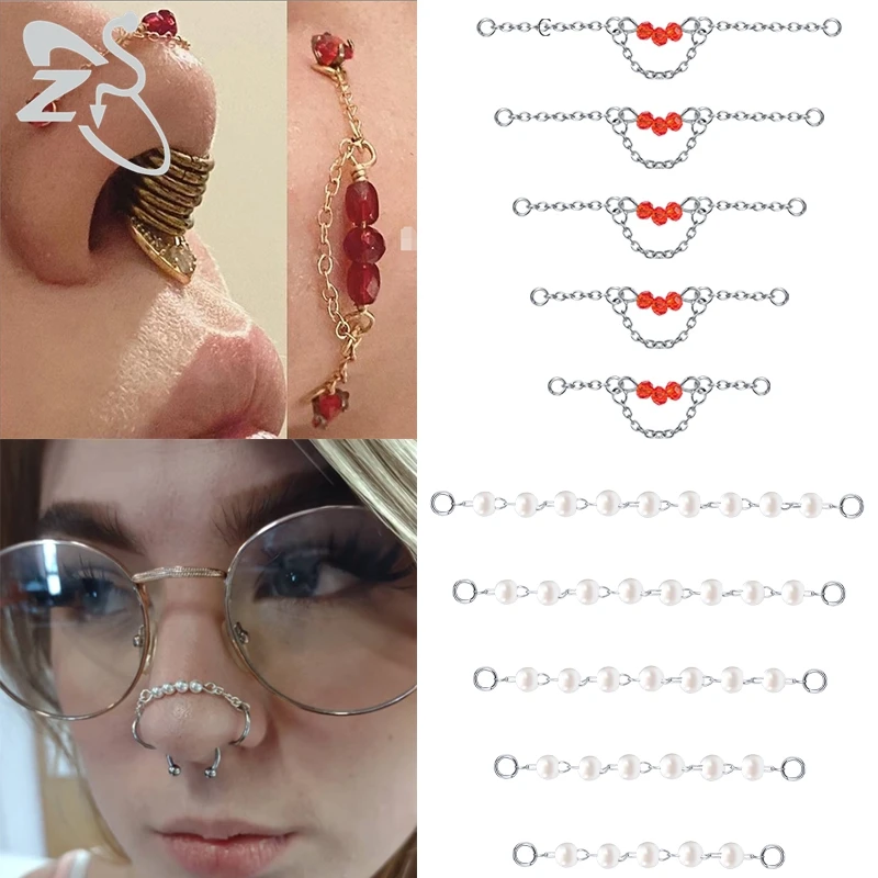 ZS 5-13pcs/lot Red Crystal Heart Nostril Piercing Double Nose Chain for Women 316L Stainless Steel Septum Nose Stud Decoration