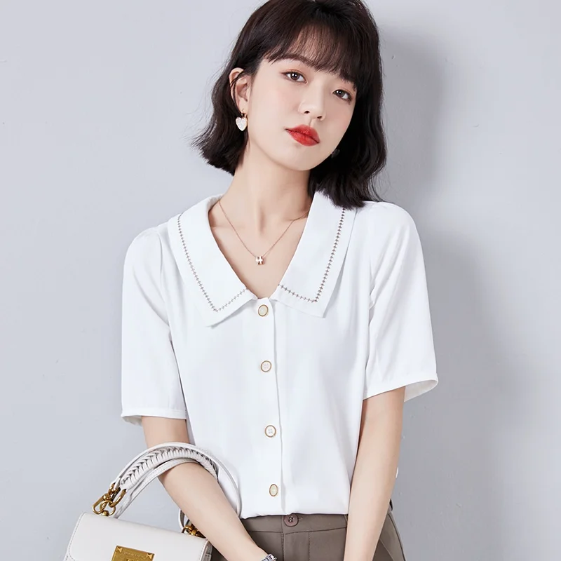 

Women's Chiffon Shirt Short Sleeve Blouses Summer Lapel White Shirt OL Top Loose Womens Shirts