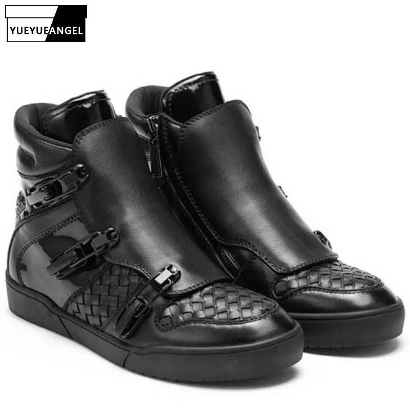 

England Style Punk Genuine Leather Cow Men Breathable Zipper New Fashion Winter Male Casual Shoes Hidden Height Buckle Strap