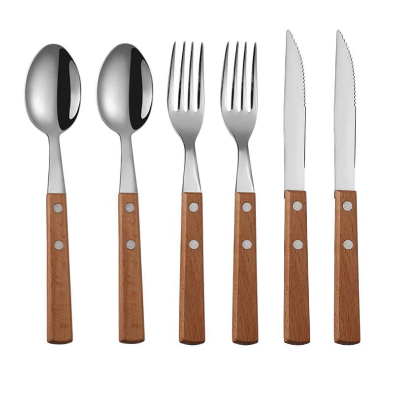 

Tablewellware Silverware Tableware Fork Spoon Knife Set 6pcs Cutlery Set Kitchen Dinnerware Set Stainless Steel with Wood Holder
