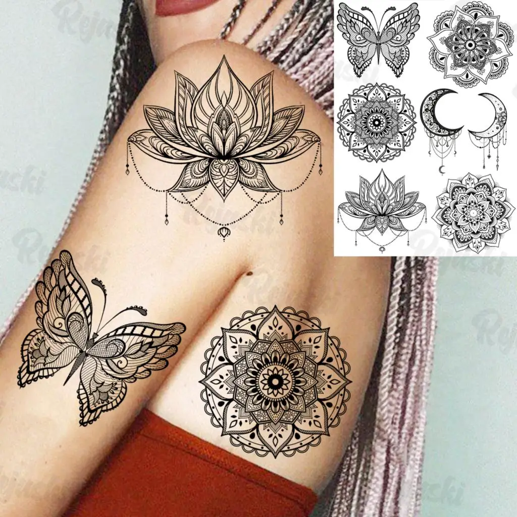 Henna Elephant Pendant Temporary Tattoos For Women Men Lion Butterfly Snake Feather Fake Tattoo Sticker Glamour Back Body Tatoos