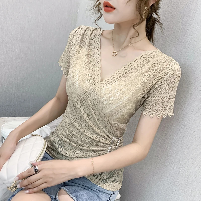 New Arrivals Women Hollow Out V-neck Lace Tops 5XL Summer Short Sleeve Women Blouse Shirt Lace Tops Blusas
