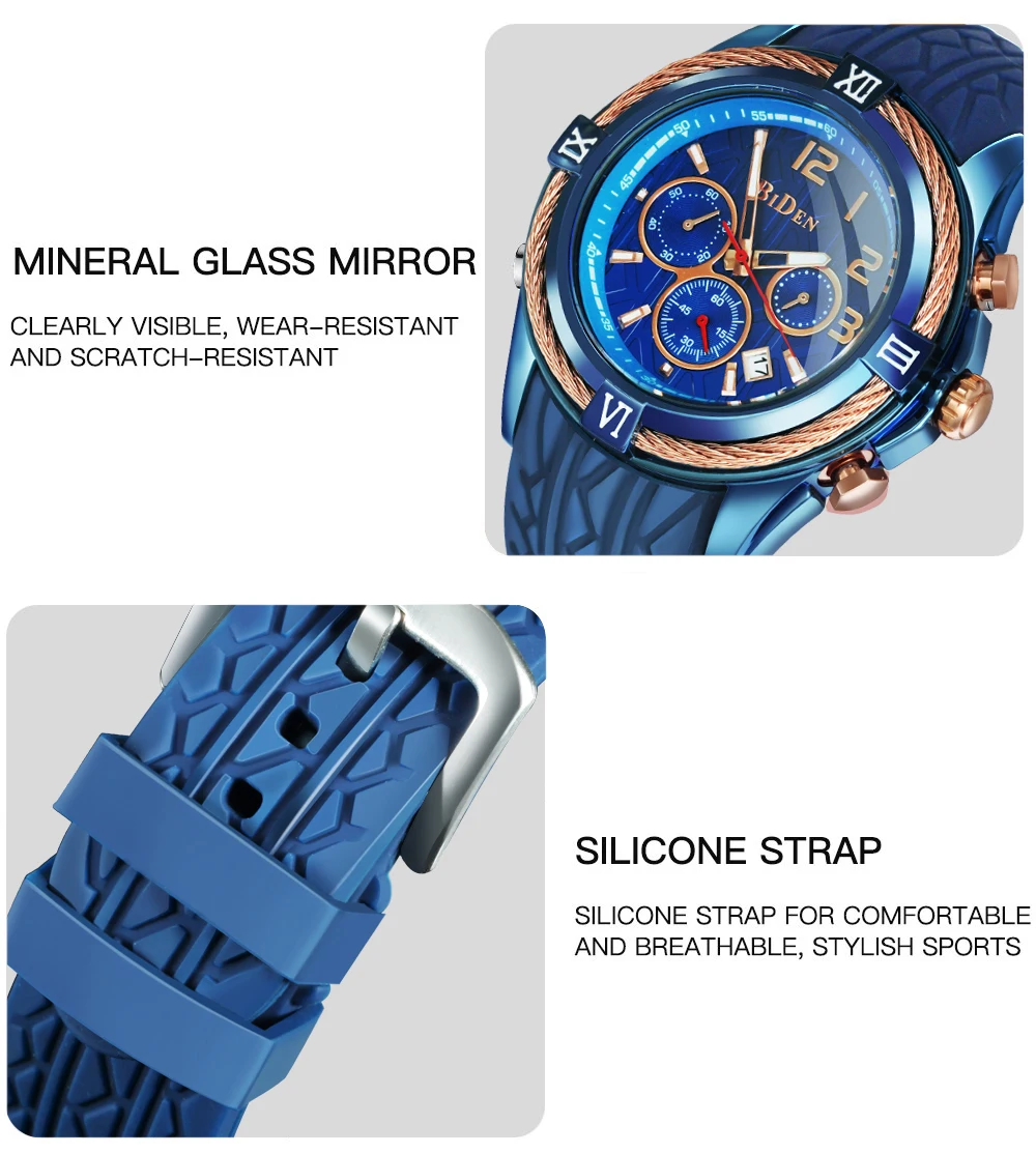 Imagem -05 - Biden Relógio de Pulso Azul Masculino Relógio de Quartzo Fashion Casual de Marca de Luxo Pulseira de Silicone à Prova Dágua