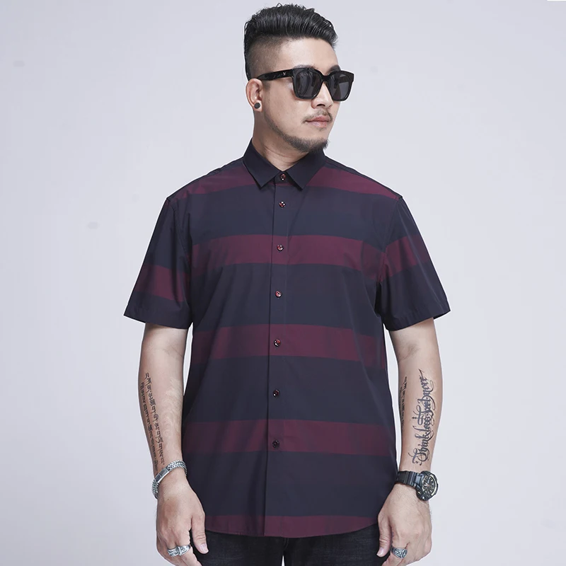 SHAN BAO High Quality Bamboo Fiber Striped Loose Short Sleeve Shirt 2022 Summer Brand Youth Men\'s Casual Shirt Navy Blue Red