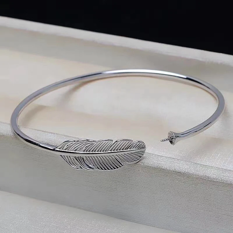 Feather Shape 925 Sterling Silver Bangle Settings Findings Mountings Base Parts Bangle for Crystal Agate Pearls Jade Coral Beads