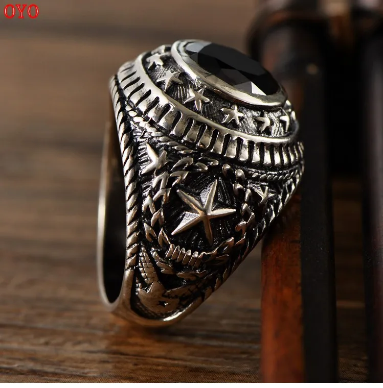 

100% S925 sterling silver ethnic style popular fashion trend five-pointed star peace and freedom black agate male ring