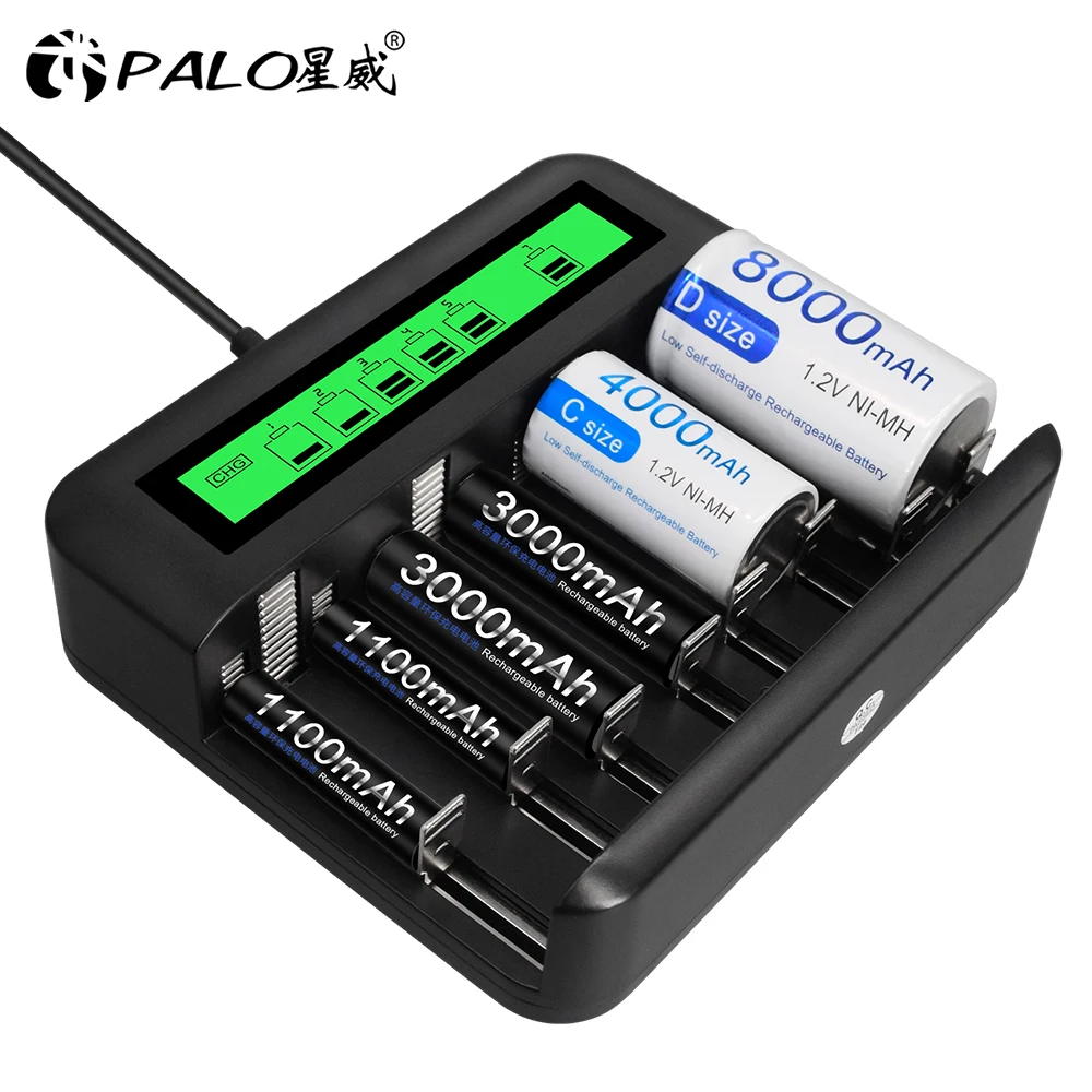 PALO 1.2V Nimh C size Rechargeable Battery 4000mah Type C Battery+LCD Battery Charger for  1.2v NIMH AA AAA C D Type Battery