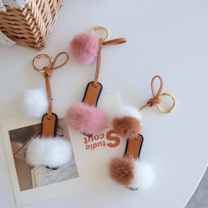 Luxury Summer Slipper Shaped Shoe Keychain With Genuine Mink Fur Trim Fashion Lover\'s Bag Purse Charm