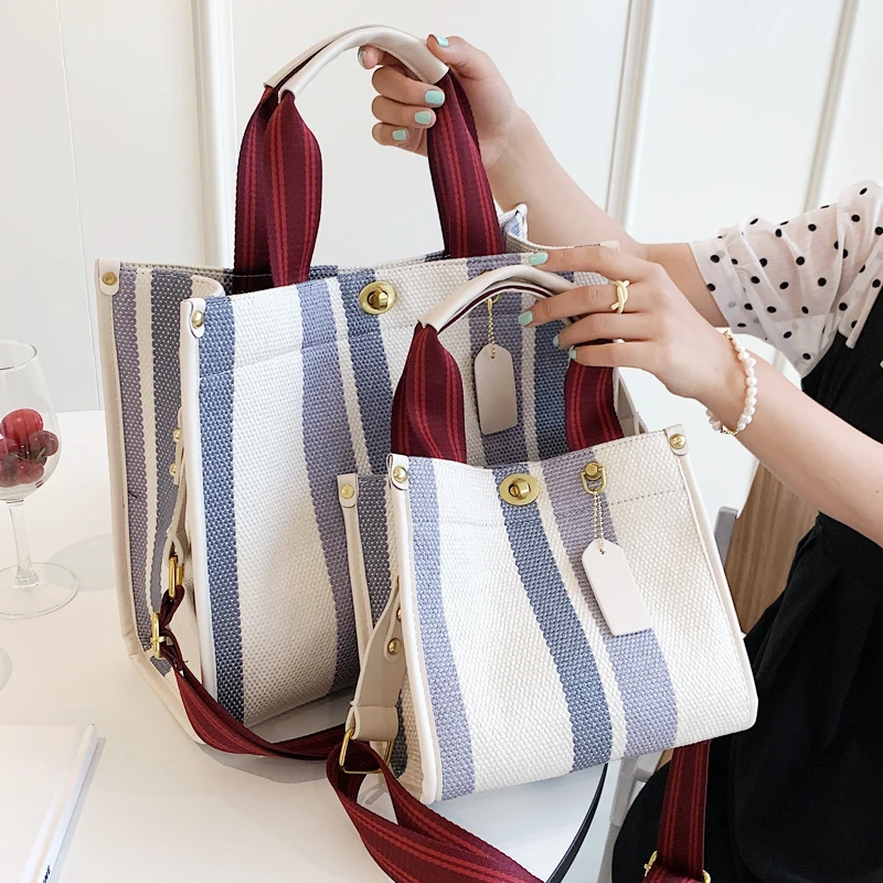 Large Tote Bag Casual Stripe Canvas Handbag For Women Wide Shoulder Strap Bag Female 2022 Trendy Texture Shoulder Bag Commuter