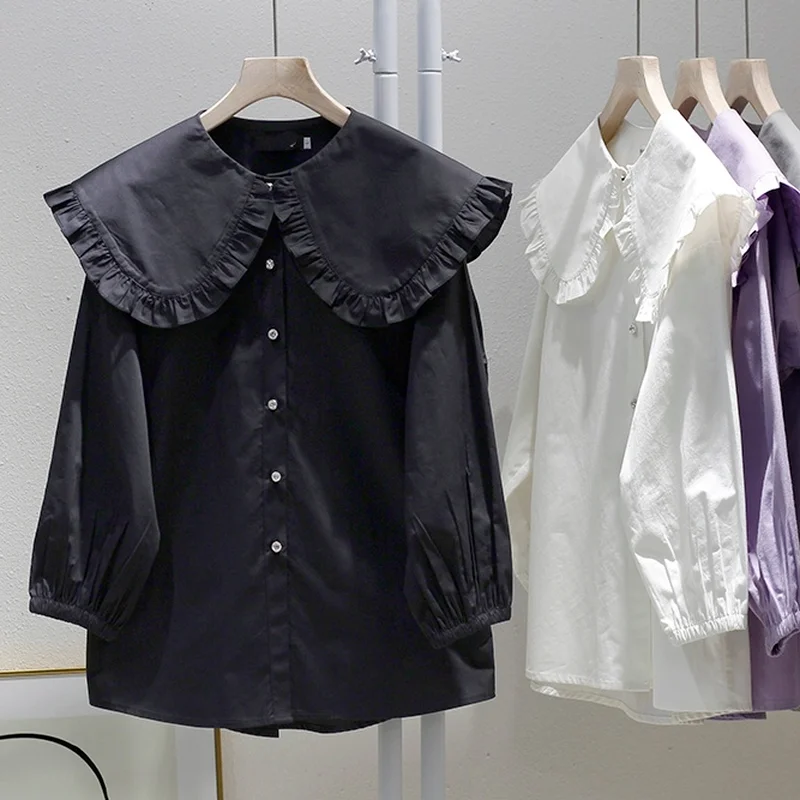 2024 New Solid Sweet Cotton Blouses Spring Fall Women Peter Pan Collar Tops Elegant Single Breasted Loose Lazy Shirts Femme