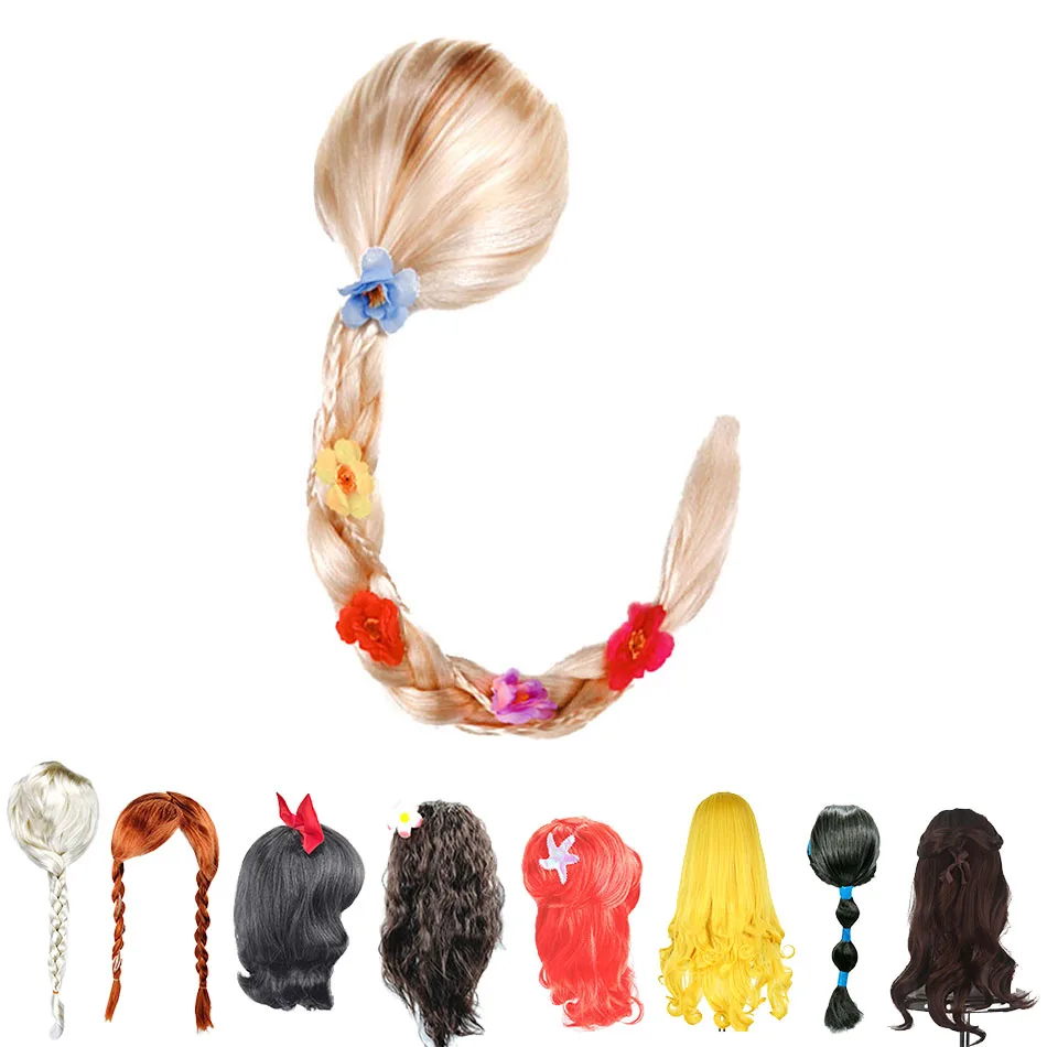 3-12 Years Girls Princess Wig Children Hair Accessories Kids Tangled Jasmine Little Mermaid Moana Snow White Elsa Anna Headwear