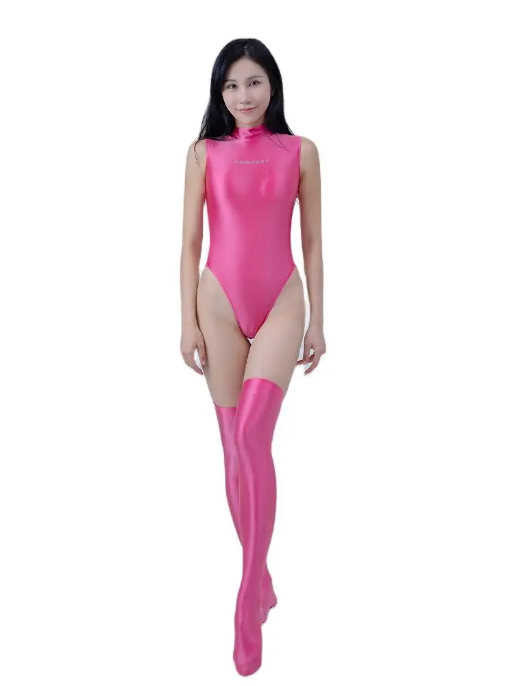 

DROZENO High Gloss Turtleneck Sleeveless Skinny Wake Surf Sexy Swimsuit Over Knee Stockings