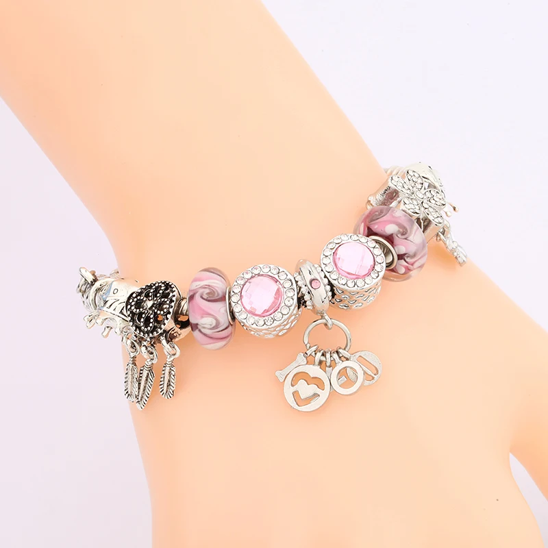 Cute Pink Crystal Bead Bracelet Flower Dream Catcher Charm Bracelet I Love You Little Priceness Prince Bracelet Girl Gift
