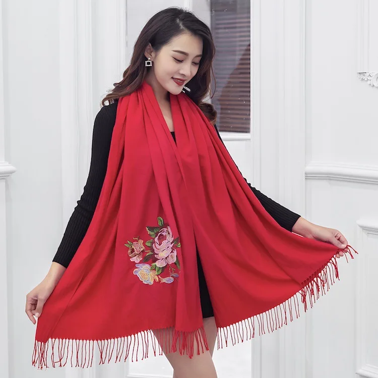 Luxury Thick Winter Scarf Women Warm Cashmere Peony Embroidery flower Tassel Shawl Wrap Blanket Hijab Scarf Wholesale Pashmina