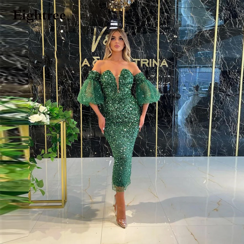 

Modern Sparkly Short Green Arabic Bridal Sequins Prom Dresses Short Sleeves Dubai Evening Dress Party Night Gowns Vestidos