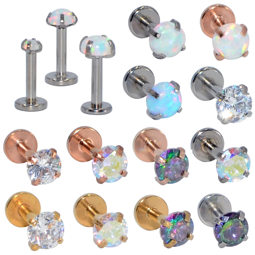 1PC Internally Threaded  Prong Round Opal Zircon with flat bottom Labret  Stud Ear Tragus Cartilage Earring Lip Ring Piercing