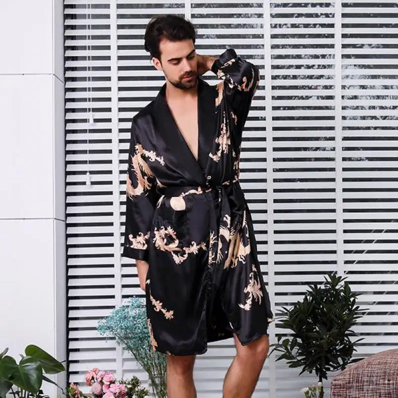 Large Size 4XL 5XL Men Satin Robe Set Dragon Print 2PCS Sleepwear Silky Nighty&Robe Set Male Casual Kimono Gown Loose Home Wear