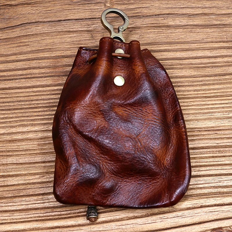 Genuine Leather Coin Purse For Women Men Vintage Handmade Small Drawstring Pocket Storage Bag With Keyring Card Holder Case Male