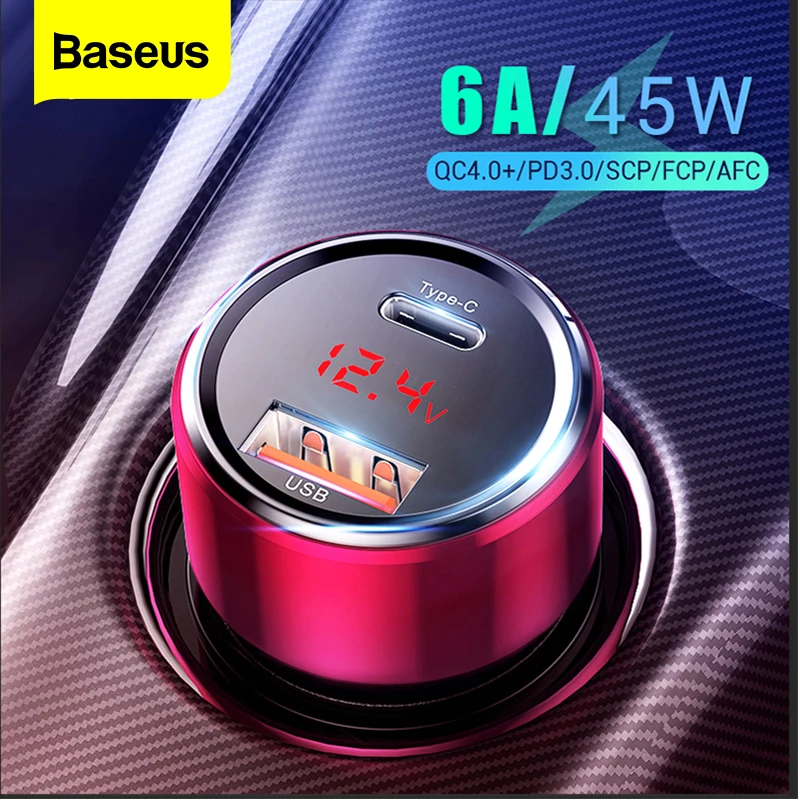 Baseus 고속 충전 USB C 타입 차량용 충전기, 아이폰 12 프로, 샤오미, 화웨이용, QC PD 4.0 3.0 6A, 45W