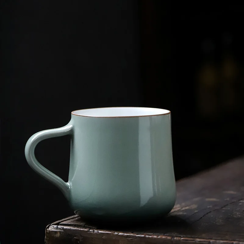 PINNY-tazas de cerámica Cyan Glaze de 320ML, taza de café moderna para oficina, taza de desayuno con mango de madera