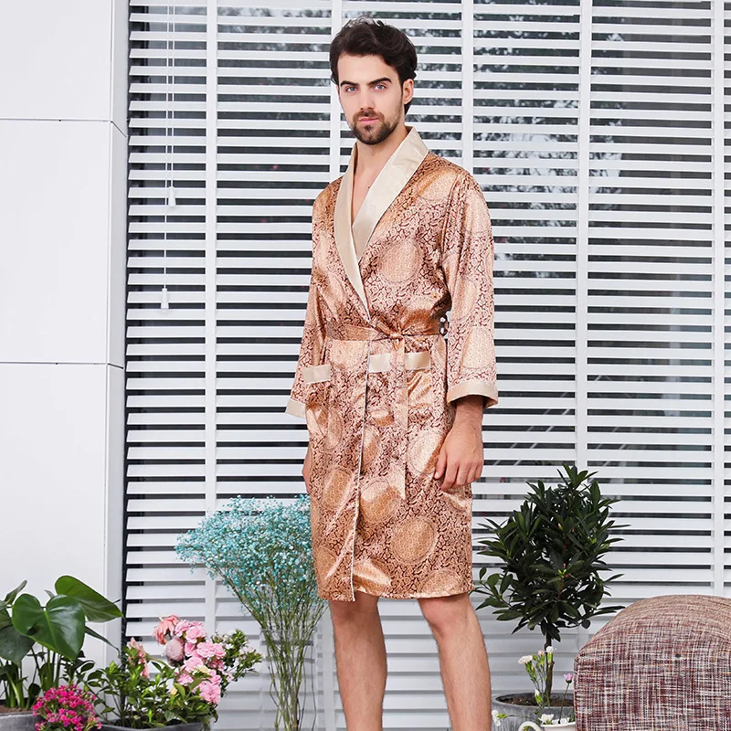 

FZSLCYIYI Men Sleepwear Silk Long Sleeve Nightgown Bathrobe Kimono Homewear Bath Gown Printed Geometric Male Sexy Rayon Robe