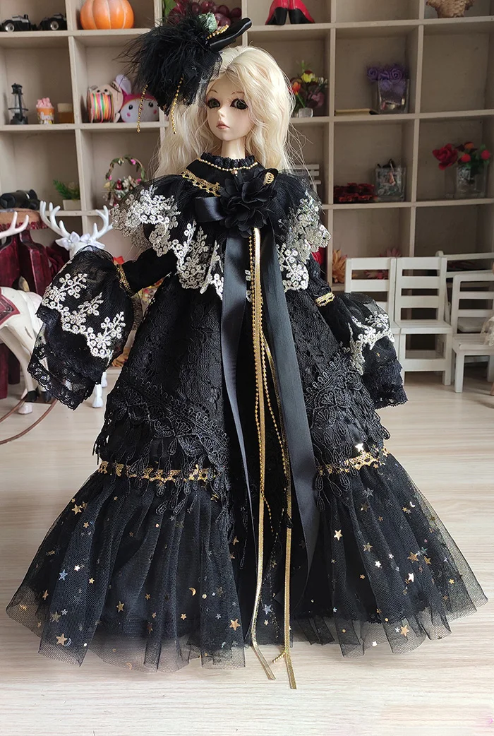 1/4 1/3 Scale BJD Clothes Retro Black Fairy Dress With Bow Set For BJD/SD MSD SD13 Big Girl Doll Accessories C1027