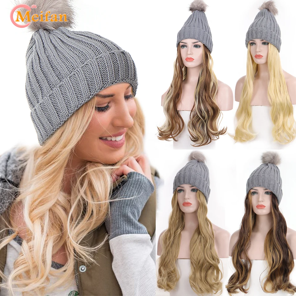 MEIFAN Long Synthetic Warm Knitted Hat Wig Natural Black Brown Wavy Curly Wig Natural Connect Elastic Hat Wig for Girl Party