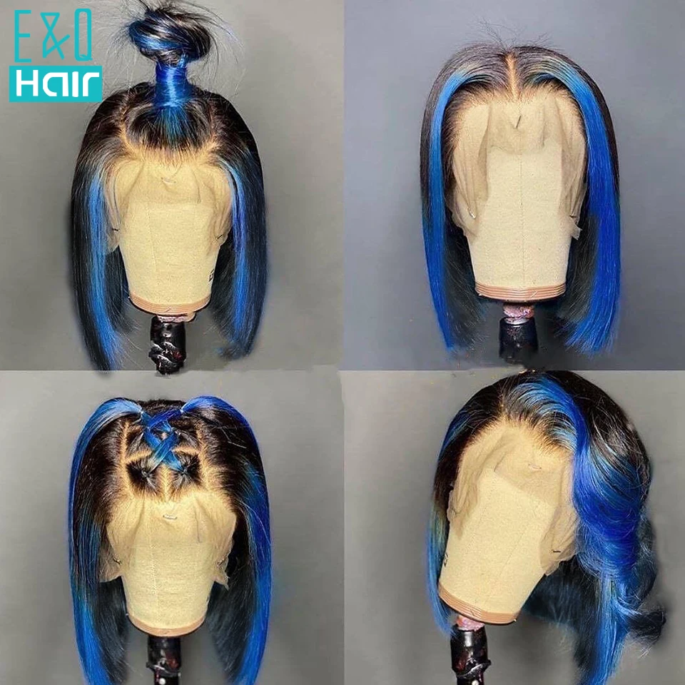 Peluca de color ombré para mujer, cabello humano liso, corto, Bob, brasileño, Remy, parte de encaje transparente, prearrancado con cabello de bebé