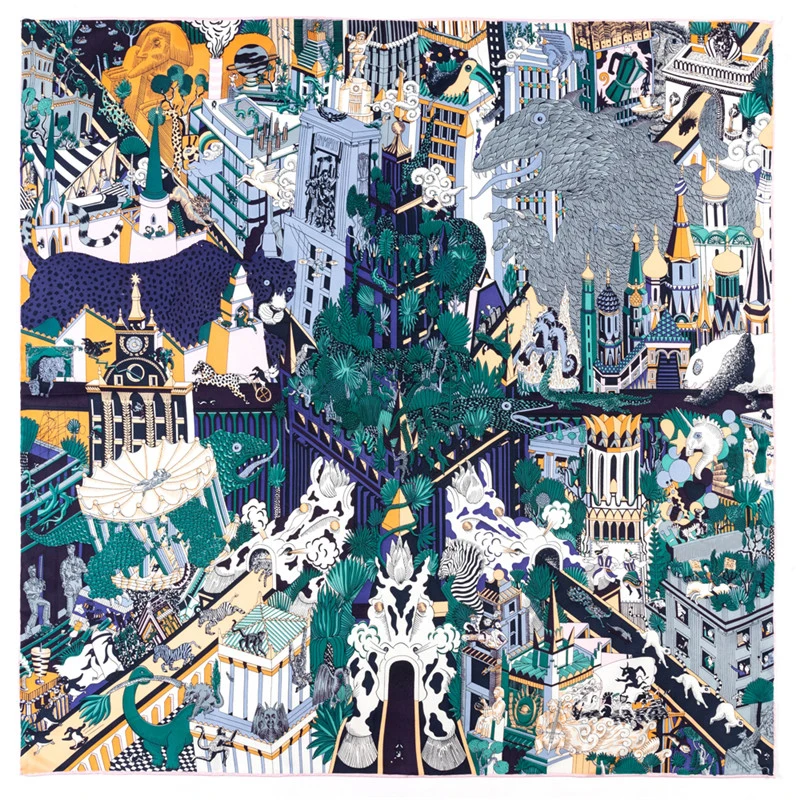 POBING Twill Silk Scarf Women Animals Kingdom Square Scarves Manual Hand Rolled Echarpes Foulards Femme Wrap Bandana Hijab 90CM