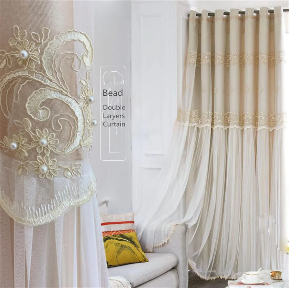 European Luxury Lace Beaded Embroidered Double-Layer Blackout Curtains Custom For Living Room Bedroom Royal Home Decor Drapes