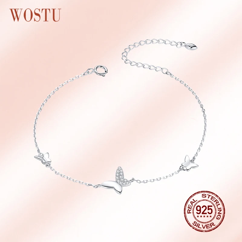 WOSTU New Arrival 925 Sterling Silver Butterfly Original Bracelet Adjustable Shiny Zircon Chain Link For Women Jewelry CQB197