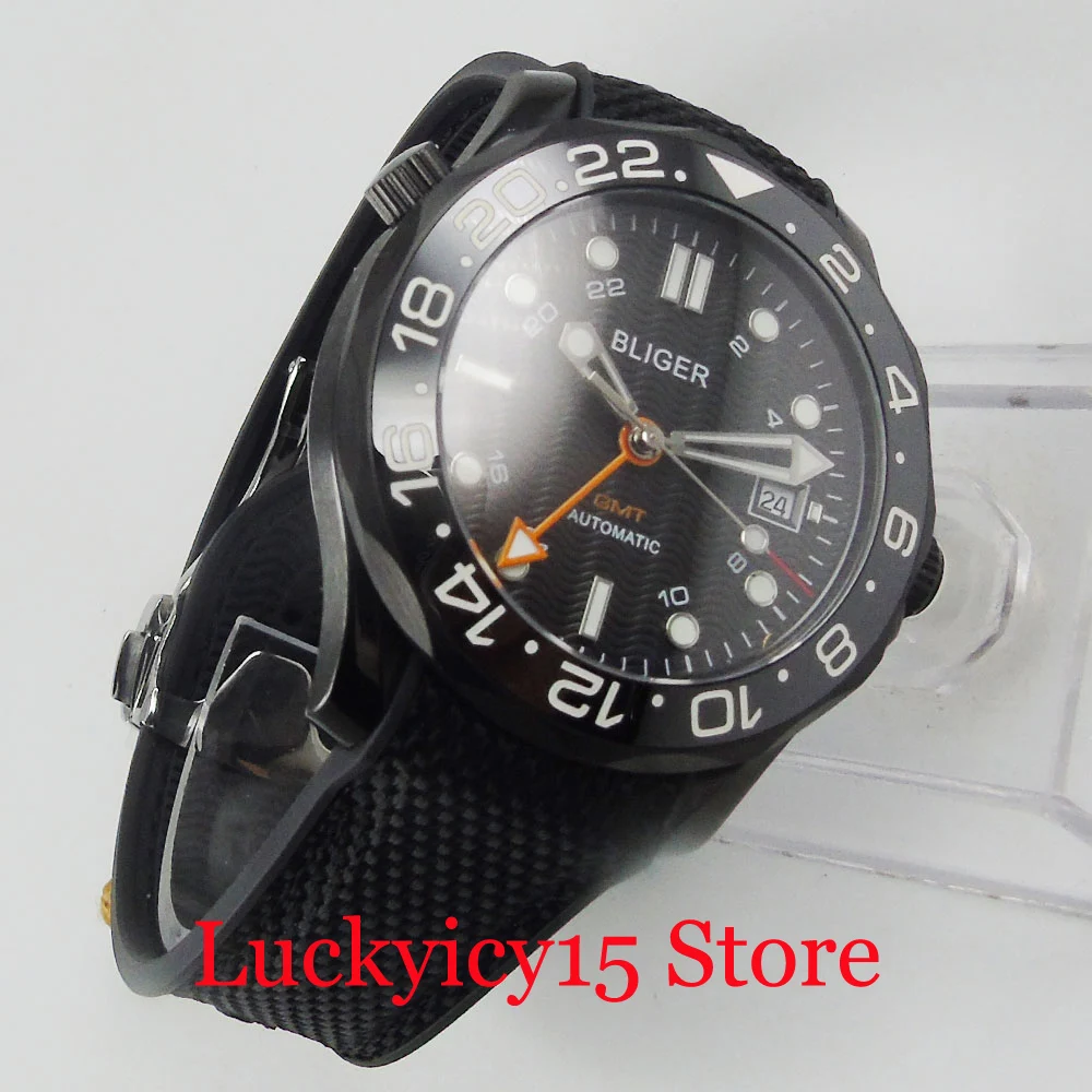 BLIGER PVD Case 41mm NH34 MINGZHU 3804 Self Winding Men Watch Sapphire Glass GMT Function Date Window Ceramic Bezel Rubber Strap