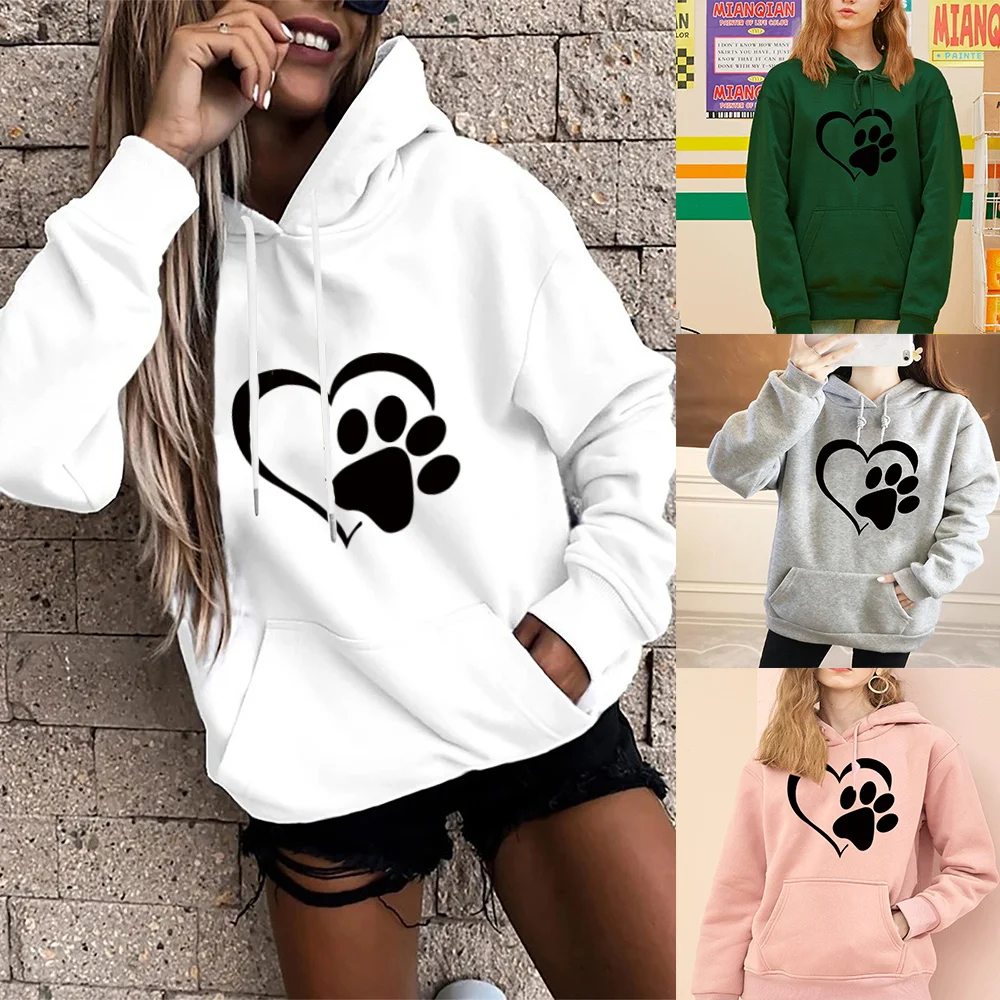 Women's Fashion Hoodie Loose Oversized Long Sleeve Sweatshirts Black Love Footprint Printed Clothing Ladies Harajuku Pullover